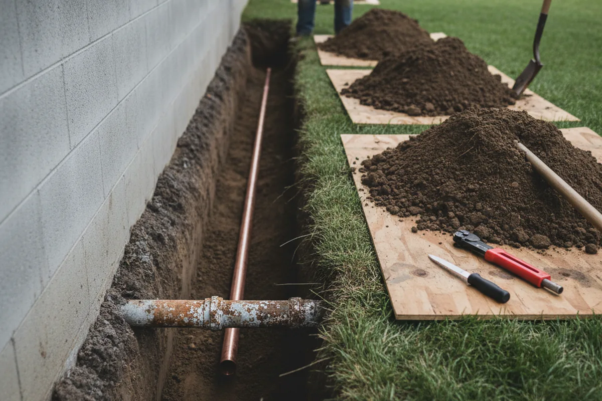 Excavated water line trench during Water Heater Repair in Williamsburg